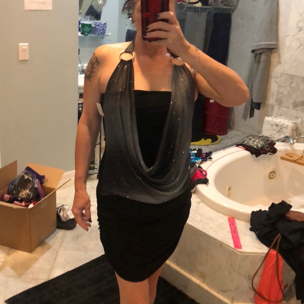 NWT Black and glitter chiffon cocktail dress